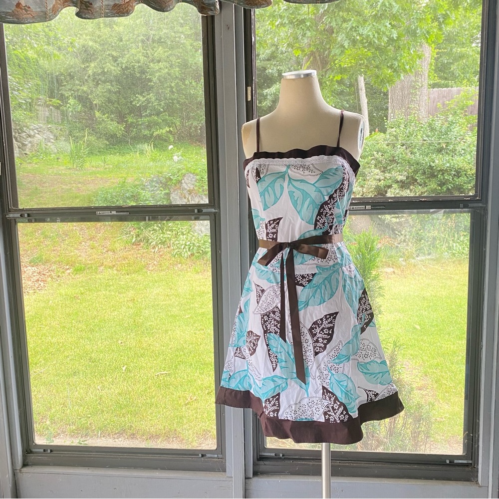 VTG Floral Mini Dress Strappy Sundress Cotton Tropical A-Line Brown & Lace Trim